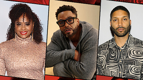 Three adults in separate portrait photos: a woman in a sparkly gold top, a man with glasses in a gray sweater, and a man in a patterned shirt, all set against different backgrounds with a graphic border.