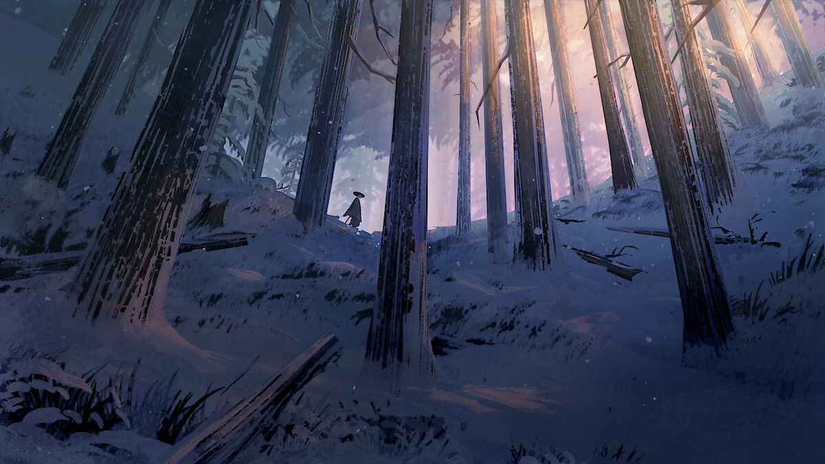 Blue Eye Samurai walking in a forest in winter.