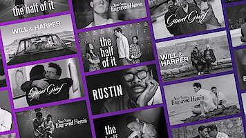 Collage of black and white promotional images for various LGBTQ+ films and shows, featuring diverse people in emotional scenes, each with a title overlay, arranged against a purple grid background.