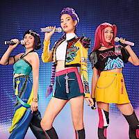 Split screen of adult and kids costumes from 'KPop Demon Hunters'