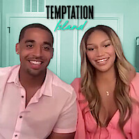 Mikey and Sydney smiling and sitting side by side in a brightly lit room with turquoise walls, both dressed in pink, under the text "Temptation Island" written above them.