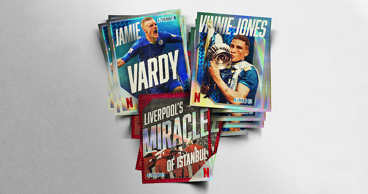 A stack of Netflix trading cards featuring football themes, including players in action and titles like "Jamie Vardy," "Vinnie Jones," and "Liverpool’s Miracle of Istanbul," photographed on a plain, light background.