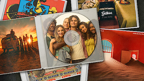 A group of six smiling friends pose together for a photo inside a CD case, surrounded by colorful album covers and vintage photos in a collage layout.