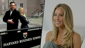 Alix Earle and Thomas “TJ” Earle infront of Harvard Business School logo with still of Alix Earle solo.