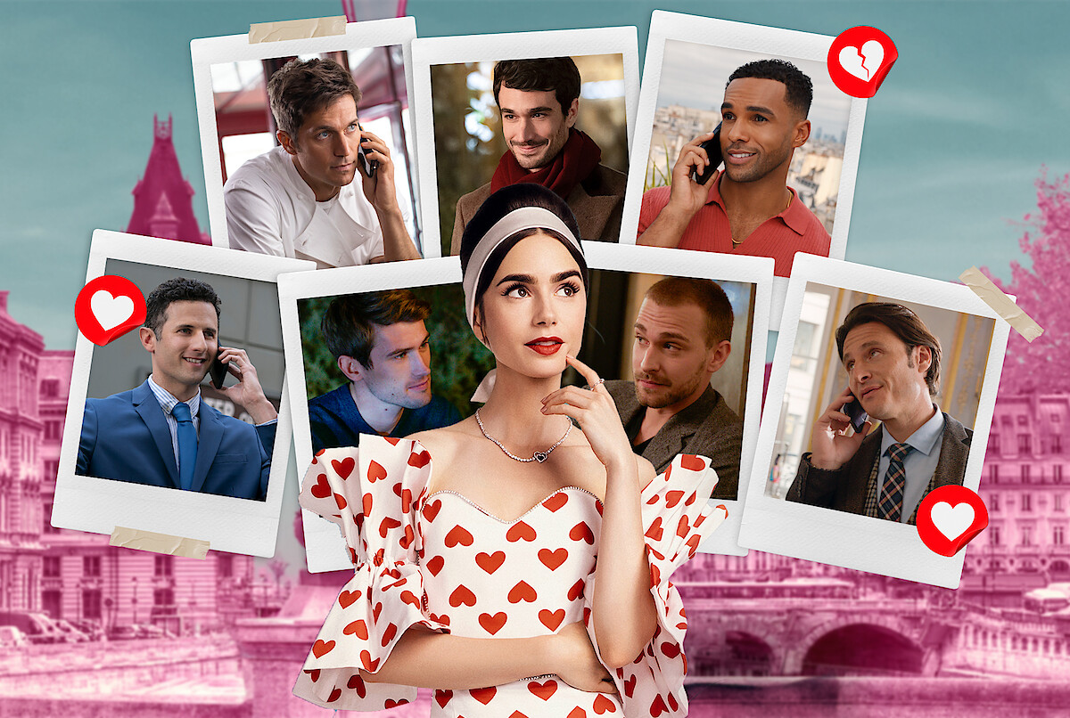 Montagem com a atriz Lily Collins e 7 fotos de homens com quem sua personagem, Emily, se envolve na série 'Emily in Paris'