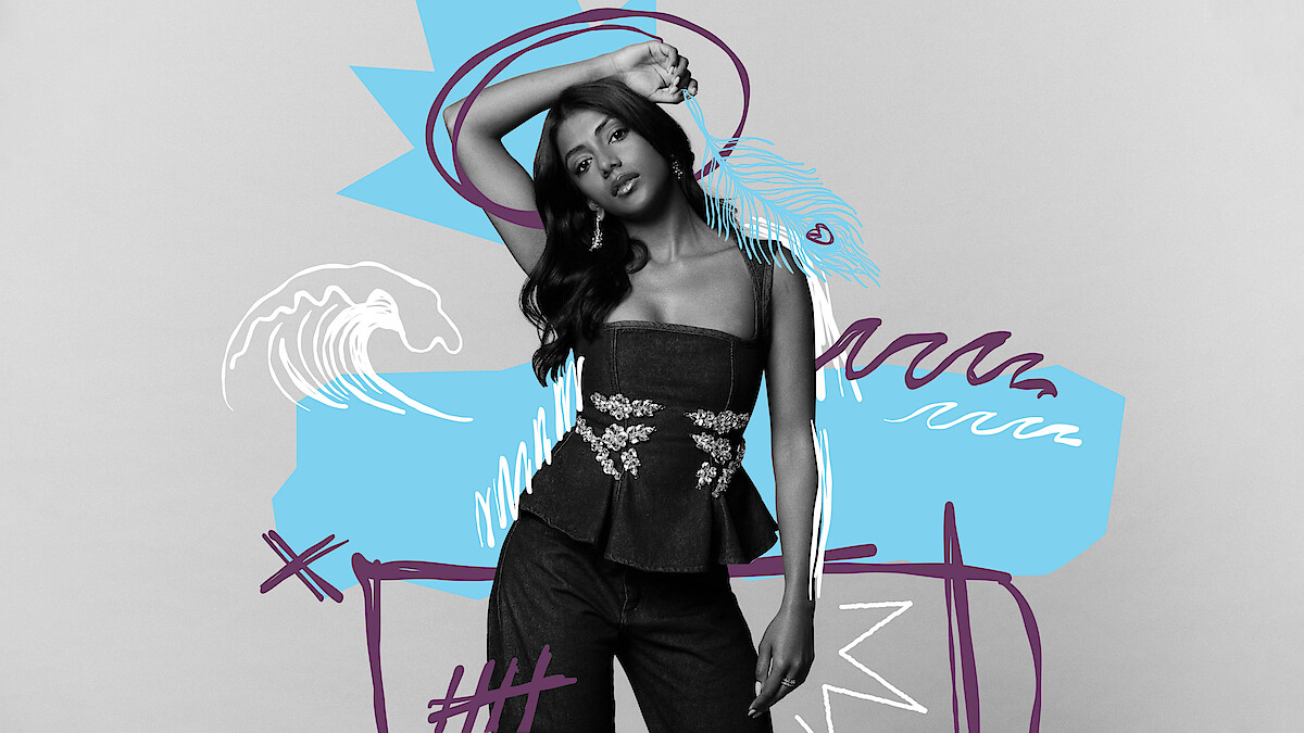 Woman posing against a plain backdrop, wearing a stylish black outfit with floral designs, surrounded by colorful abstract doodles like waves, scribbles and shapes, creating a modern artistic setting.