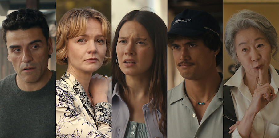 Five people in separate indoor settings, each with different expressions: a serious man, a concerned woman, a confused young woman, a man in a cap, and an older woman gesturing for silence. Neutral and natural lighting.