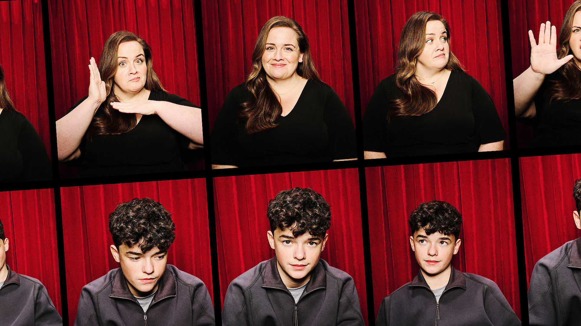 Jessica Gunning (Baby Reindeer) and Owen Cooper (Adolescence) are photographed individually in a photo booth with a red fabric pleated backdrop.