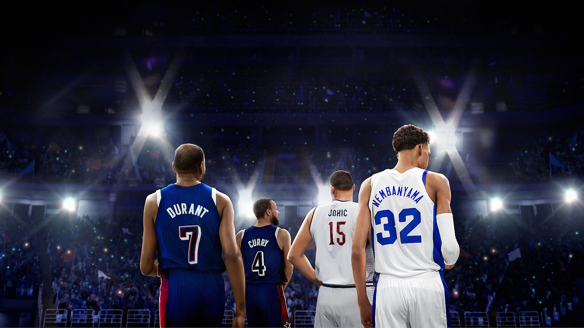 Court of Gold key art - a shot of four basketball players from the back as they look out at an arena full of fans. 