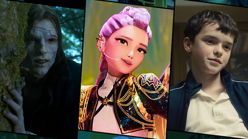 Three characters: a pale man hiding in a forest, a vibrant animated girl with pink hair in a sparkling outfit, and a boy in casual clothing; a mood of mystery and fantasy in a cinematic collage setting.