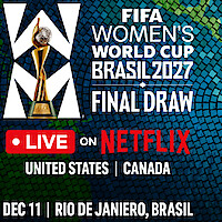 FIFA Women's World Cup Brasil 2027 final draw promo; trophy on mosaic background, event to stream live on Netflix in US and Canada, Dec 11 in Rio de Janeiro, Brasil.