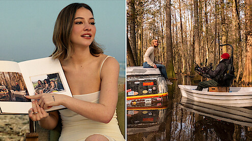 Yearbook: Madelyn Cline holding up book next to image of her on set during production (on top of a submerged car with camera crew)