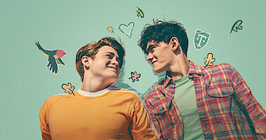 Kit Connor as Nick and Joe Locke as Charlie pictured in front of a green background with illustrated leaves, hearts, and bird surrounding them. 