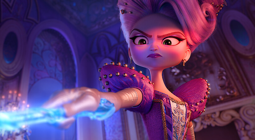 Animated princess frowning while pointing a magic wand. 