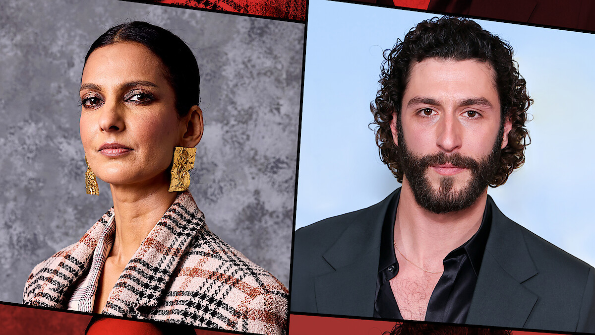 Two people, a woman in patterned clothing with gold earrings against a textured gray background and a man with curly hair and beard in a dark suit against a light blue background, shown in a split image portrait style.