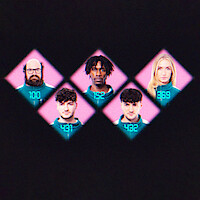 Five contestants wearing numbered uniforms are shown in glowing pink diamond frames against a dark background, giving a digital, competitive, and intense game show atmosphere.