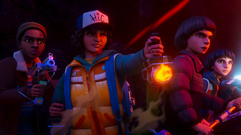 Four animated kids in adventure gear, holding glowing sci-fi gadgets, stand ready in a dark, mysterious outdoor setting with dramatic red and blue lighting, appearing alert and determined.