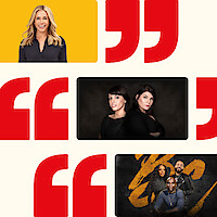 A collage with podcast hosts and quotation marks