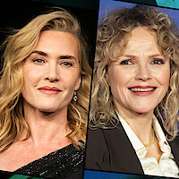 Two women with wavy blonde hair are shown in side-by-side portraits, both smiling slightly. One wears a dark, sparkly outfit and the other a blazer over a blouse. Both are at what appear to be formal events with dark backgrounds.