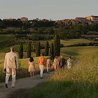 A group of people walk down a country path through green fields at sunset, heading toward a distant hilltop village, evoking a peaceful and warm atmosphere.