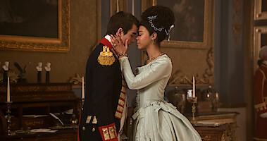 Corey Mylchreest as King George and India Amarteifio as Queen Charlotte in Queen Charlotte A Bridgerton Story Season 1