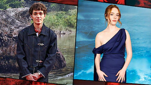 A young man in a dark jacket stands by a river with greenery behind him, while a woman in a blue dress poses in front of an oceanic background; both are framed by a graphic border.