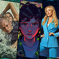 Side by side images of Charlize Theron and Taron Egerton in Apex, Eleven in Stranger Things: Tales from '85, and Kate Hudson in Running Point Season 2 