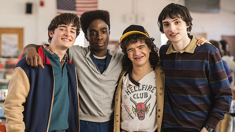 Noah Schnapp, Caleb McLaughlin, Gaten Matarazzo, and Finn Wolfhard behind the scenes of 'Stranger Things 5'