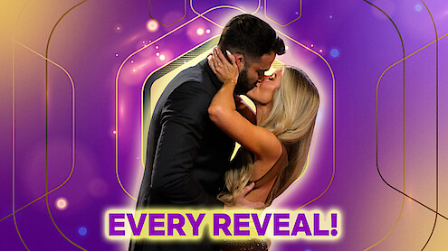 Alex and Ashley are embracing and kissing passionately on a brightly lit, colorful stage with a purple and gold background. Bold text at the bottom says "EVERY REVEAL!" conveying a dramatic or celebratory moment.