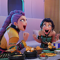 May Hong as Mira and Arden Cho as Rumi in 'KPOP Demon Hunters'