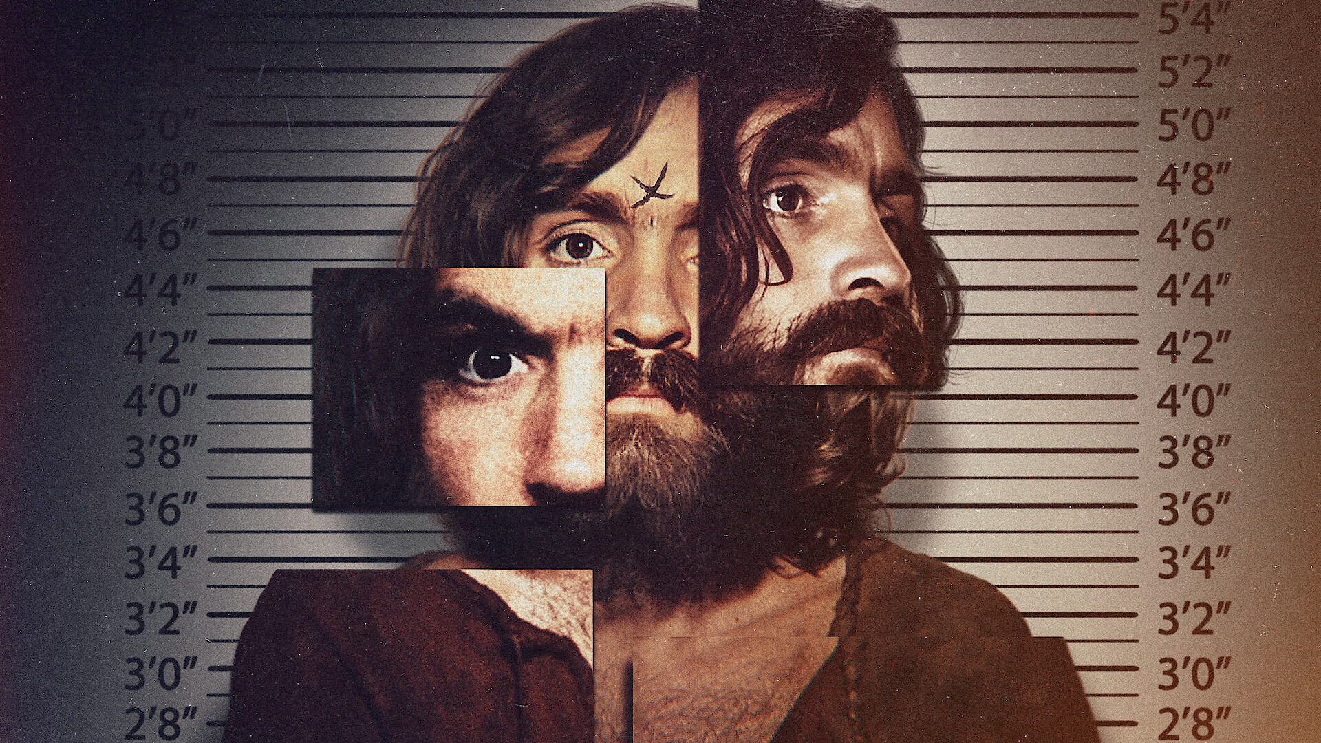 Collage-style mugshot of a bearded man with long hair, fragmented face overlaid on a height chart background, gritty lighting, intense expression, dramatic atmosphere, crime documentary theme.