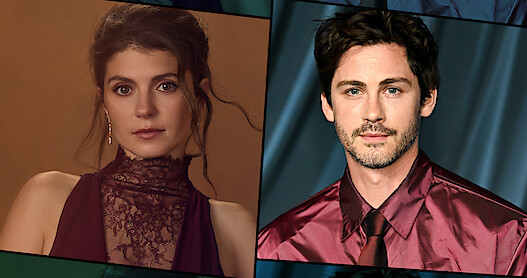 A woman and a man in formal attire are shown in separate portrait-style photos. The woman has dark hair, is in a sleeveless burgundy dress, and the man has dark hair, wearing a burgundy satin shirt and tie, both in studio settings.