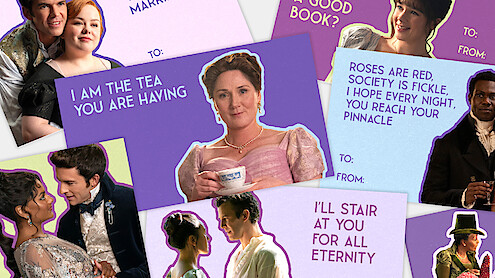 Collage of Bridgerton characters on pastel Valentine cards with romantic and witty messages, set in a Regency-themed, elegant environment, featuring couples, formal attire, tea, and decorative backgrounds.