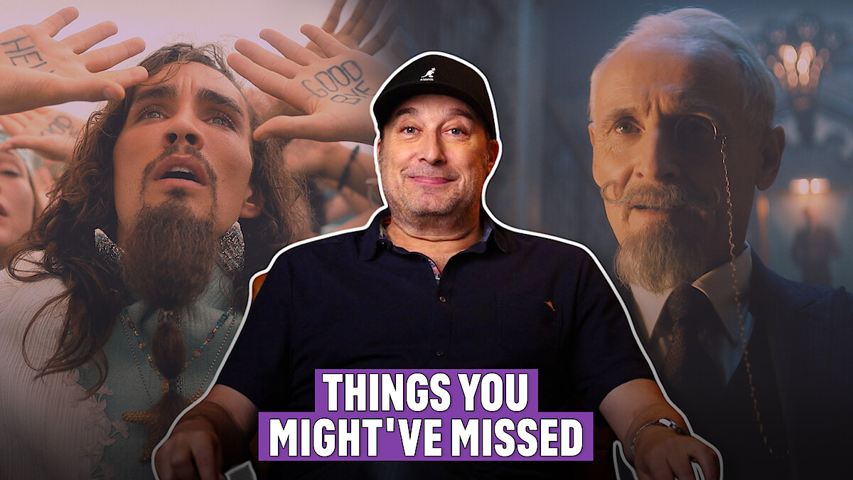 Steve Blackman smiling in a black shirt placed in front of stills of Klaus and Sir Reginald Hargreeves, characters in 'The Umbrella Academy'