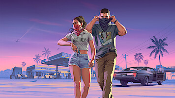 Two people with bandanas preparing for a heist near a gas station at sunset. Palm trees, a parked muscle car, police, and a pink-purple sky create a dramatic, stylized urban scene.