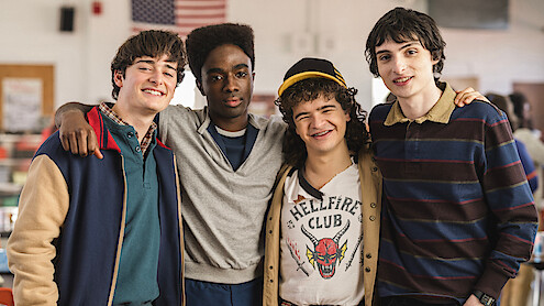 Noah Schnapp, Caleb McLaughlin, Gaten Matarazzo, and Finn Wolfhard behind the scenes of 'Stranger Things 5'