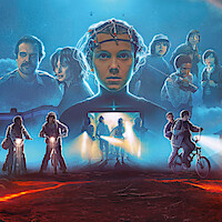 A group of kids and adults in 1980s attire, set in a mysterious, supernatural environment with glowing lights, bikes, and a central figure with a wired headset, evoking suspense and adventure.