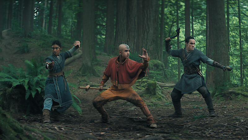 Three people in martial arts stances, dressed in fantasy costumes, stand ready for action in a lush, green forest with tall trees and ferns, suggesting a dramatic, adventurous scene.
