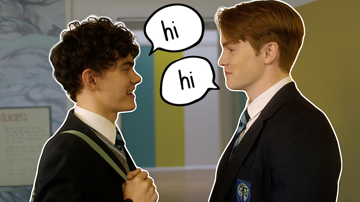 Charlie Spring (Joe Locke) and Nick Nelson (Kit Connor) with speech bubbles between them, each containing the word "Hi."