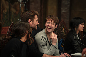 Liam Hemsworth and Joey Batey at the table read for Season 4 of 'The Witcher'