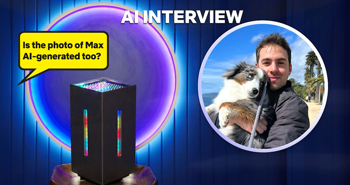 The AI Chatbot known as "Max" on a stool in front of colorful circle backdrop. Next to it is a photo of human Max and his dog.