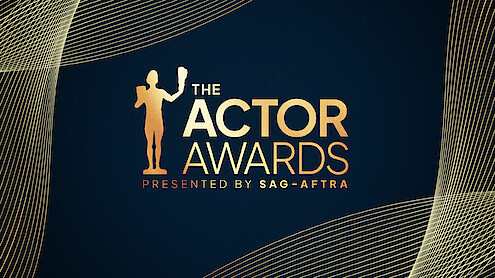 Gold silhouette of an actor holding a mask beside the text "The Actor Awards presented by SAG-AFTRA" on a dark blue background with gold curved line designs.
