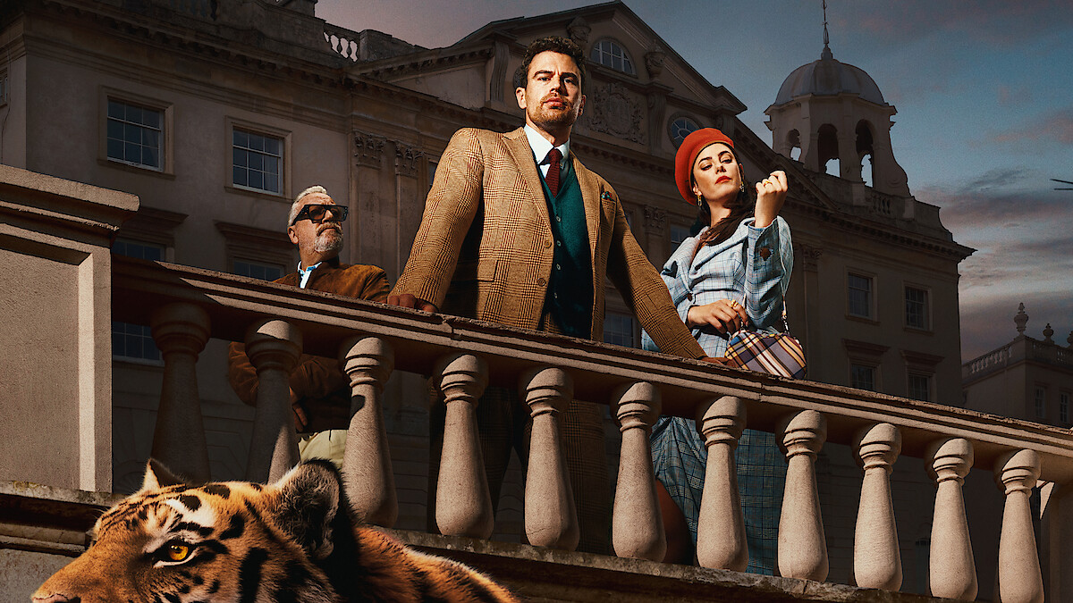 Three stylish people stand on a grand stone balcony in front of an elegant building at dusk, with a tiger at the bottom of the image, creating a dramatic and luxurious atmosphere.