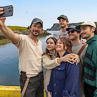 Josh Hartnett, Ruby Stokes, Willow Kean, Charlie Heaton, Rohan Campbell, and Kaleb Horn behind the scenes of episode 101 of the Untitled Newfoundland Project.