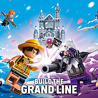 LEGO ONE PIECE minifigures in action on a vibrant ocean scene, with a castle in the background and characters battling. Text reads "Build the Grand Line."