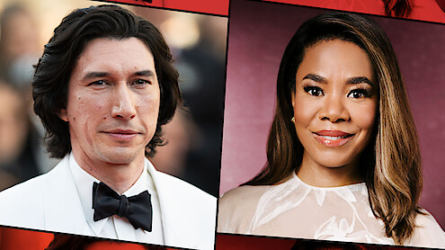 A man in a white tuxedo with a black bow tie is outdoors at a formal event, next to a woman indoors in a cream dress with long hair, both posing for portraits in different environments.