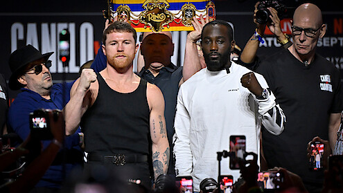 Canelo Álvarez, Dana White, CEO, UFC and Terence Crawford are seen onstage during the Canelo Álvarez vs. Terence Crawford Las Vegas Press Conference at T-Mobile Arena