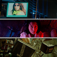 Triptych graphic showing stills from a video featuring a billboard of 'Anitta', a still referencing a 'Stranger Things' character levitating, and a close-up of a book titled 'Frankenstein'.