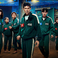 'Squid Game' Season 3 players in green tracksuits with numbers.