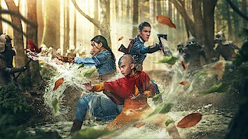 Ian Ousley as Sokka, Gordon Cormier as Aang, and Kiawentiio as Katara get into battle positions in Season 1 of ‘Avatar: The Last Airbender’